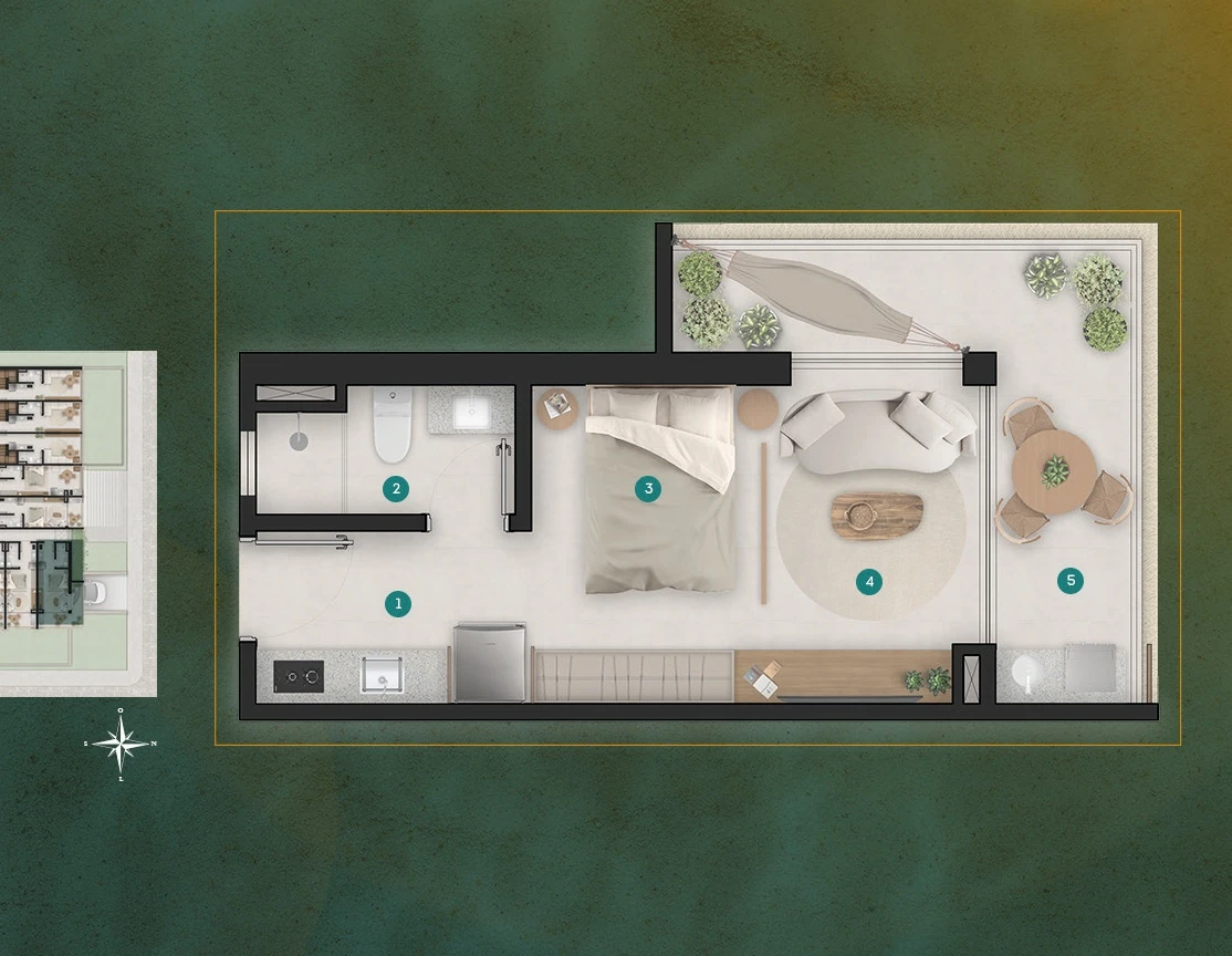 Planta do Studio Premium de 31,96 m² do Maré Mansa
